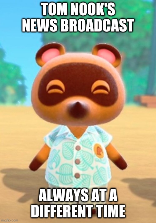 Good Ol' News Broadcast | TOM NOOK'S NEWS BROADCAST; ALWAYS AT A DIFFERENT TIME | image tagged in tom nook,animal crossing,nintendo | made w/ Imgflip meme maker