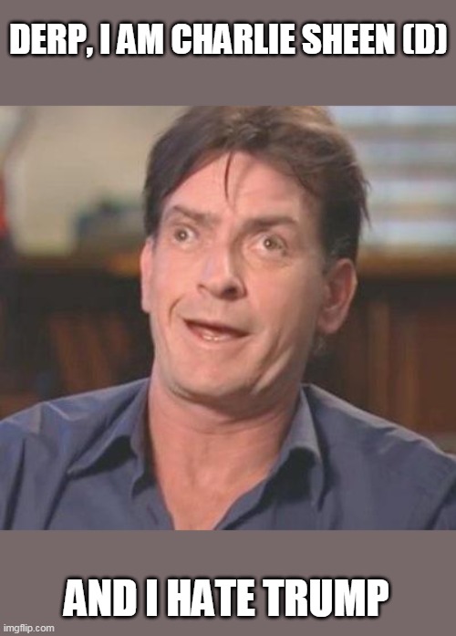 Charlie Sheen DERP | DERP, I AM CHARLIE SHEEN (D) AND I HATE TRUMP | image tagged in charlie sheen derp | made w/ Imgflip meme maker
