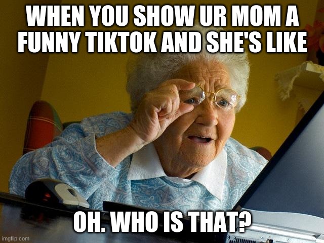 Grandma Finds The Internet | WHEN YOU SHOW UR MOM A FUNNY TIKTOK AND SHE'S LIKE; OH. WHO IS THAT? | image tagged in memes,grandma finds the internet | made w/ Imgflip meme maker