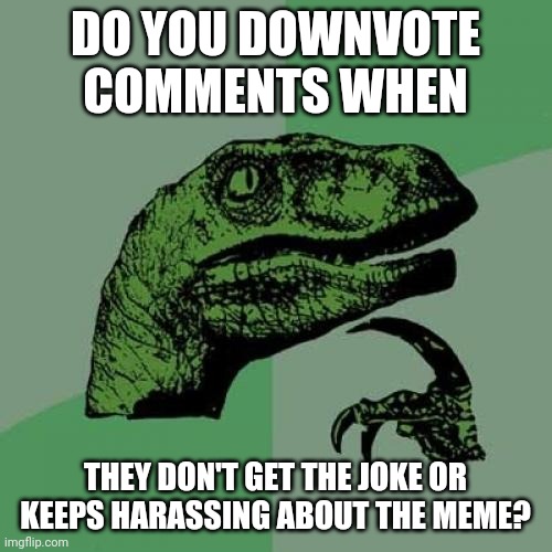 Philosoraptor Meme | DO YOU DOWNVOTE COMMENTS WHEN; THEY DON'T GET THE JOKE OR KEEPS HARASSING ABOUT THE MEME? | image tagged in memes,philosoraptor | made w/ Imgflip meme maker