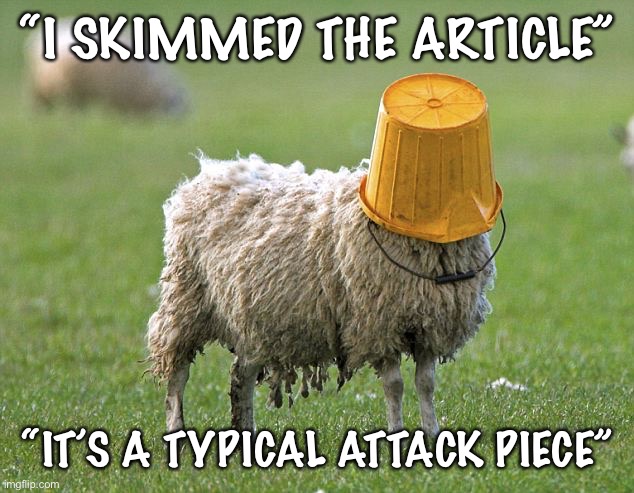 When they claim to have read your citation but have nothing more interesting to say than this. | “I SKIMMED THE ARTICLE”; “IT’S A TYPICAL ATTACK PIECE” | image tagged in stupid sheep,new york times,conservative logic,politics lol,trump,president trump | made w/ Imgflip meme maker