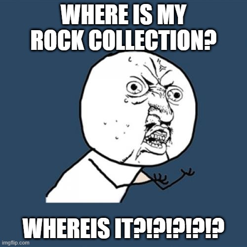 ROCKS | WHERE IS MY ROCK COLLECTION? WHEREIS IT?!?!?!?!? | image tagged in memes,y u no | made w/ Imgflip meme maker