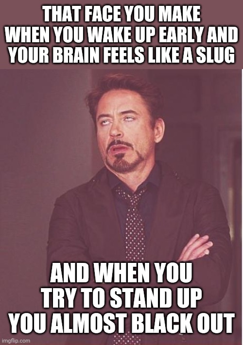 Slug brain | THAT FACE YOU MAKE WHEN YOU WAKE UP EARLY AND YOUR BRAIN FEELS LIKE A SLUG; AND WHEN YOU TRY TO STAND UP YOU ALMOST BLACK OUT | image tagged in memes,face you make robert downey jr,morning,waking up brain,brain | made w/ Imgflip meme maker