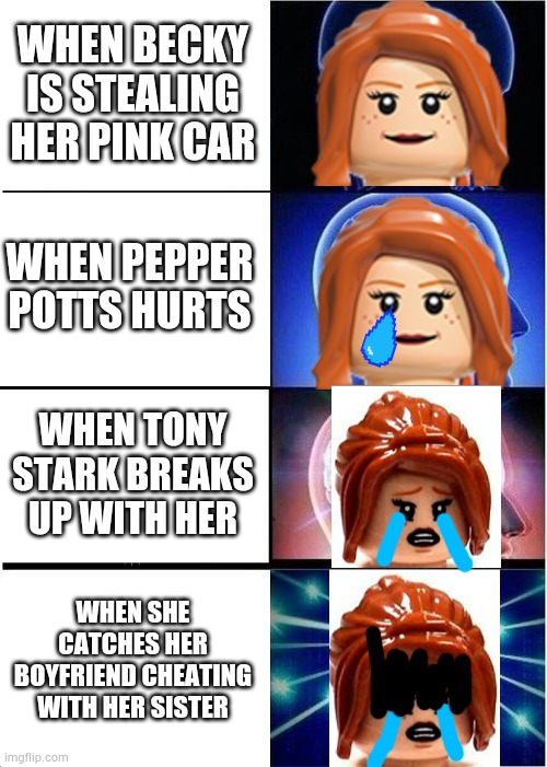 Expanding Pepper Potts | WHEN BECKY IS STEALING HER PINK CAR; WHEN PEPPER POTTS HURTS; WHEN TONY STARK BREAKS UP WITH HER; WHEN SHE CATCHES HER BOYFRIEND CHEATING WITH HER SISTER | image tagged in memes,expanding brain | made w/ Imgflip meme maker