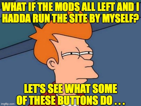 I hate being in charge. | WHAT IF THE MODS ALL LEFT AND I
HADDA RUN THE SITE BY MYSELF? LET'S SEE WHAT SOME OF THESE BUTTONS DO . . . | image tagged in memes,futurama fry,doomsday,imgflip | made w/ Imgflip meme maker