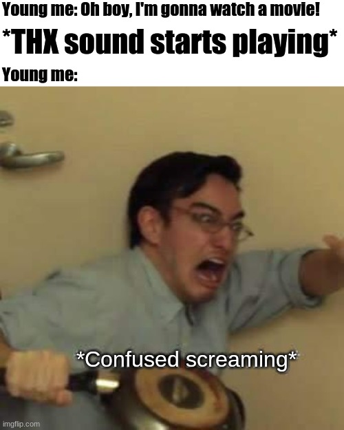 I had THXphobia until I was FOURTEEN. Jeez.... | Young me: Oh boy, I'm gonna watch a movie! *THX sound starts playing*; Young me:; *Confused screaming* | image tagged in filthy frank confused scream,memes,confused screaming,thx,childhood,back in my day | made w/ Imgflip meme maker