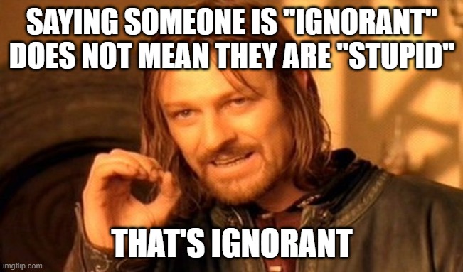 Ignorant is not stupid | SAYING SOMEONE IS "IGNORANT" DOES NOT MEAN THEY ARE "STUPID"; THAT'S IGNORANT | image tagged in ignorant | made w/ Imgflip meme maker