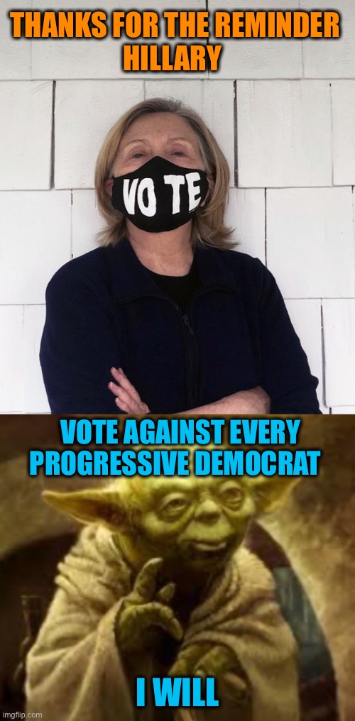 THANKS FOR THE REMINDER 
HILLARY; VOTE AGAINST EVERY PROGRESSIVE DEMOCRAT; I WILL | image tagged in yoda,hillary vote | made w/ Imgflip meme maker