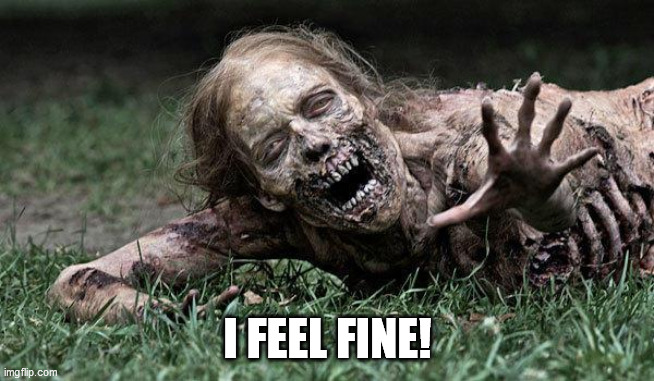 Walking Dead Zombie | I FEEL FINE! | image tagged in walking dead zombie | made w/ Imgflip meme maker