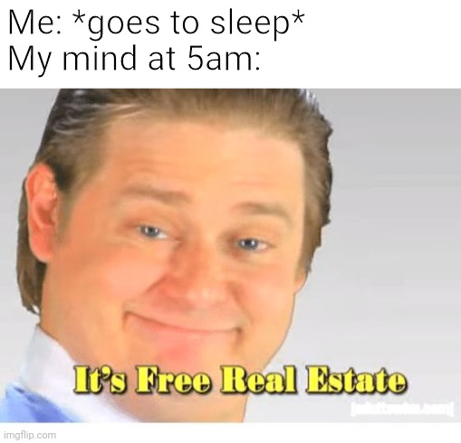 Sleeping late | Me: *goes to sleep*
My mind at 5am: | image tagged in it's free real estate,my mind,5am,big brain,sleep,hey you going to sleep | made w/ Imgflip meme maker