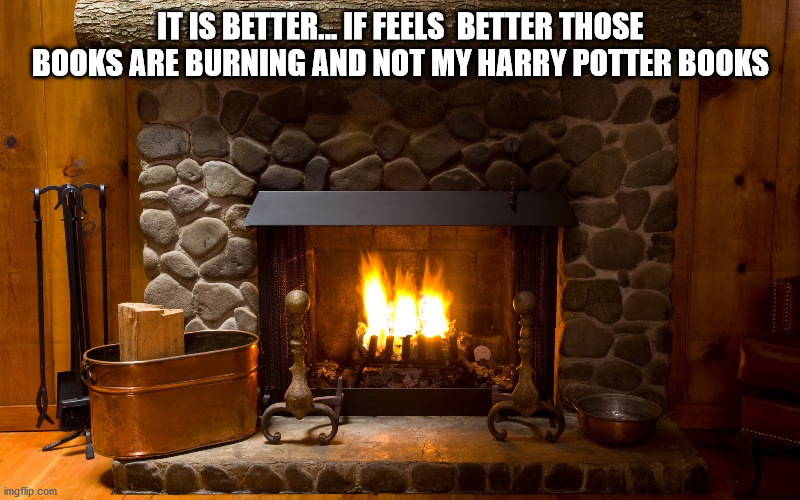 Fireplace | IT IS BETTER... IF FEELS  BETTER THOSE BOOKS ARE BURNING AND NOT MY HARRY POTTER BOOKS | image tagged in fireplace | made w/ Imgflip meme maker