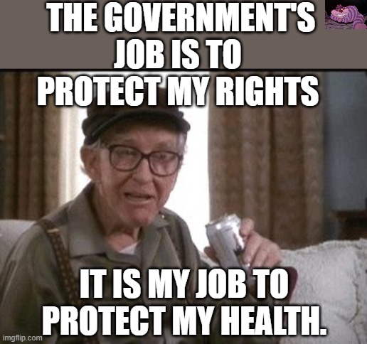 When you trade liberty for security, you end up losing both. | THE GOVERNMENT'S JOB IS TO PROTECT MY RIGHTS; IT IS MY JOB TO PROTECT MY HEALTH. | image tagged in grumpy old men | made w/ Imgflip meme maker