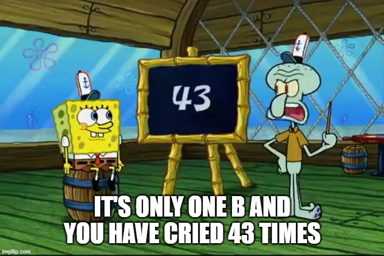 End of Semester Be Like | IT'S ONLY ONE B AND YOU HAVE CRIED 43 TIMES | image tagged in cried 43 times | made w/ Imgflip meme maker