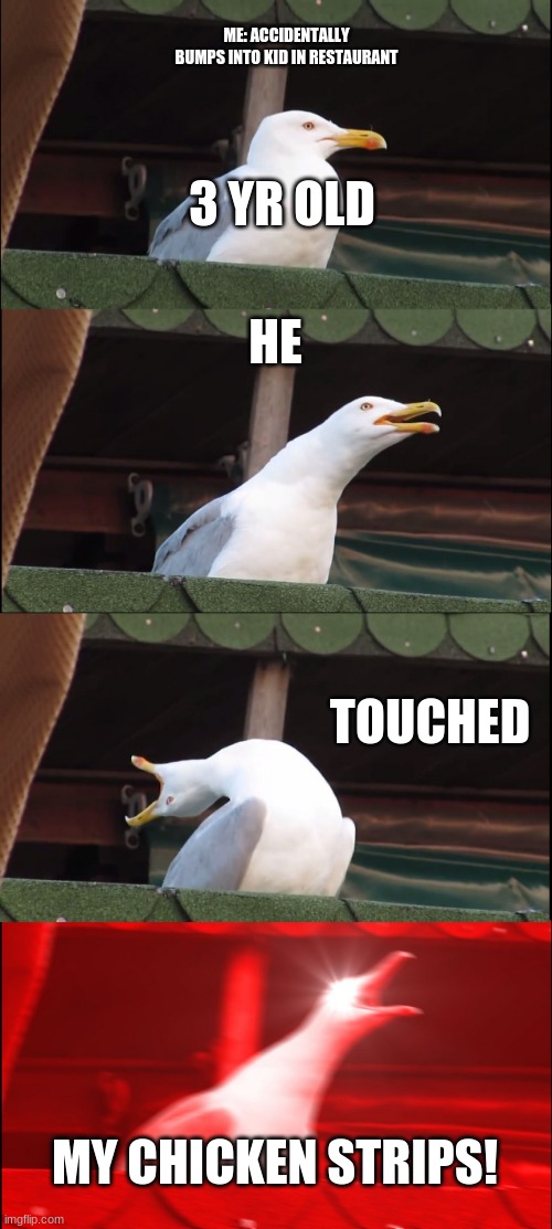 Inhaling Seagull | ME: ACCIDENTALLY BUMPS INTO KID IN RESTAURANT; 3 YR OLD; HE; TOUCHED; MY CHICKEN STRIPS! | image tagged in memes,inhaling seagull,chiken strips | made w/ Imgflip meme maker