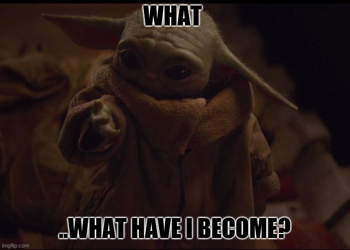 Baby Yoda looking at hand | WHAT ..WHAT HAVE I BECOME? | image tagged in baby yoda looking at hand | made w/ Imgflip meme maker