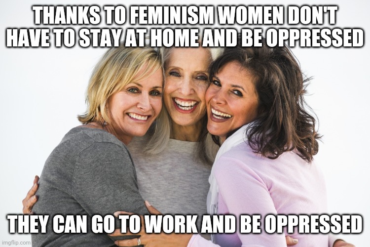 baby boomer feminists | THANKS TO FEMINISM WOMEN DON'T HAVE TO STAY AT HOME AND BE OPPRESSED; THEY CAN GO TO WORK AND BE OPPRESSED | image tagged in baby boomer feminists | made w/ Imgflip meme maker