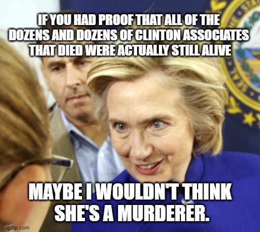 Evil Hillary | IF YOU HAD PROOF THAT ALL OF THE 
DOZENS AND DOZENS OF CLINTON ASSOCIATES 
THAT DIED WERE ACTUALLY STILL ALIVE; MAYBE I WOULDN'T THINK
 SHE'S A MURDERER. | image tagged in alien hillary | made w/ Imgflip meme maker