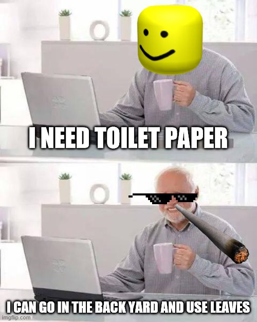 Hide the Pain Harold Meme | I NEED TOILET PAPER; I CAN GO IN THE BACK YARD AND USE LEAVES | image tagged in memes,hide the pain harold | made w/ Imgflip meme maker