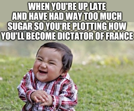 Dictator | WHEN YOU'RE UP LATE AND HAVE HAD WAY TOO MUCH SUGAR SO YOU'RE PLOTTING HOW YOU'LL BECOME DICTATOR OF FRANCE | image tagged in memes,evil toddler,france | made w/ Imgflip meme maker