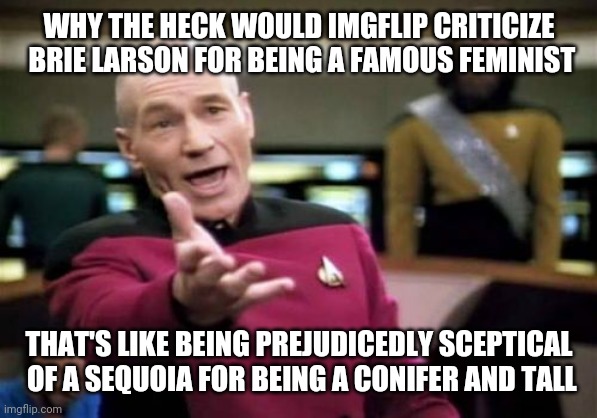 So Much Evidence of Awesomeness | WHY THE HECK WOULD IMGFLIP CRITICIZE
 BRIE LARSON FOR BEING A FAMOUS FEMINIST; THAT'S LIKE BEING PREJUDICEDLY SCEPTICAL
 OF A SEQUOIA FOR BEING A CONIFER AND TALL | image tagged in memes,picard wtf,nice girl brie larson | made w/ Imgflip meme maker