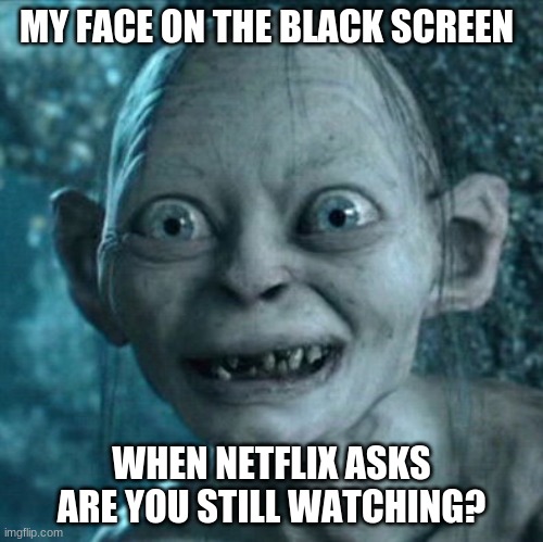 Gollum | MY FACE ON THE BLACK SCREEN; WHEN NETFLIX ASKS ARE YOU STILL WATCHING? | image tagged in memes,gollum | made w/ Imgflip meme maker