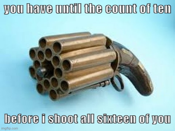 sixteen barrel gun | you have until the count of ten; before i shoot all sixteen of you | image tagged in gun | made w/ Imgflip meme maker