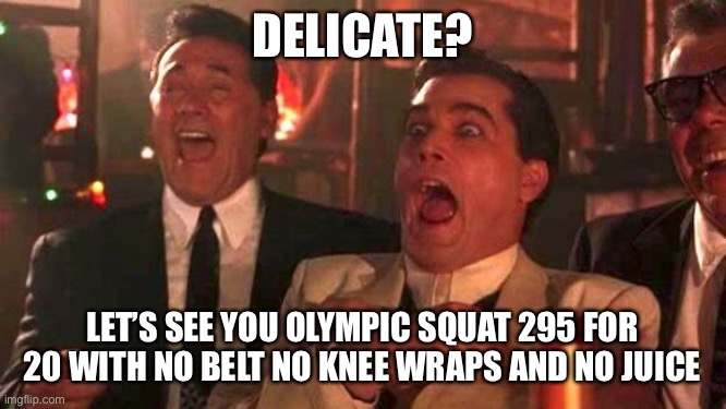 GOODFELLAS LAUGHING SCENE, HENRY HILL | DELICATE? LET’S SEE YOU OLYMPIC SQUAT 295 FOR 20 WITH NO BELT NO KNEE WRAPS AND NO JUICE | image tagged in goodfellas laughing scene henry hill | made w/ Imgflip meme maker