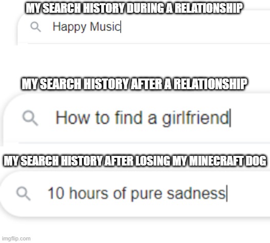Search history | MY SEARCH HISTORY DURING A RELATIONSHIP; MY SEARCH HISTORY AFTER A RELATIONSHIP; MY SEARCH HISTORY AFTER LOSING MY MINECRAFT DOG | image tagged in google before after,google search | made w/ Imgflip meme maker