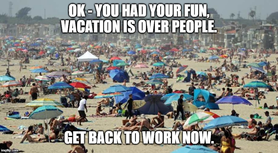 Back to Work | OK - YOU HAD YOUR FUN, VACATION IS OVER PEOPLE. GET BACK TO WORK NOW. | image tagged in stimulus,beach,workers,open | made w/ Imgflip meme maker