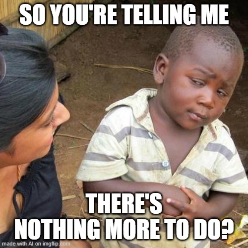Third World Skeptical Kid Meme | SO YOU'RE TELLING ME; THERE'S NOTHING MORE TO DO? | image tagged in memes,third world skeptical kid | made w/ Imgflip meme maker