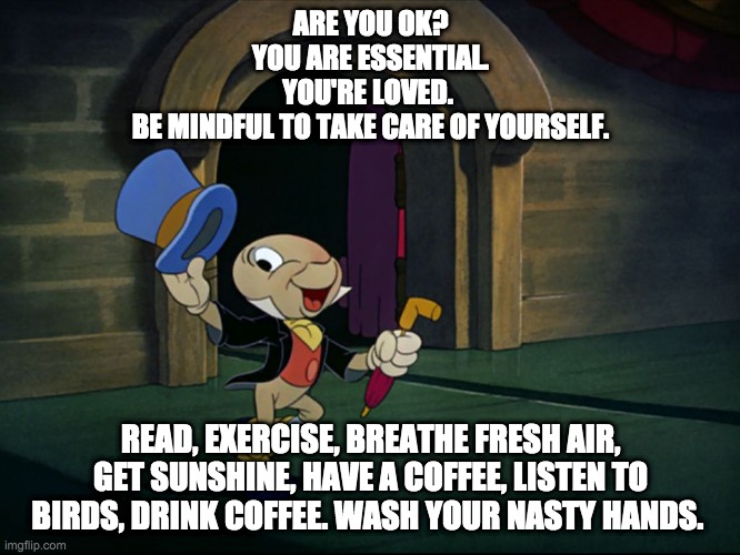 Take care. |  ARE YOU OK?
YOU ARE ESSENTIAL.
YOU'RE LOVED. 
BE MINDFUL TO TAKE CARE OF YOURSELF. READ, EXERCISE, BREATHE FRESH AIR, GET SUNSHINE, HAVE A COFFEE, LISTEN TO BIRDS, DRINK COFFEE. WASH YOUR NASTY HANDS. | image tagged in jiminy cricket,take care of yourself,self care | made w/ Imgflip meme maker