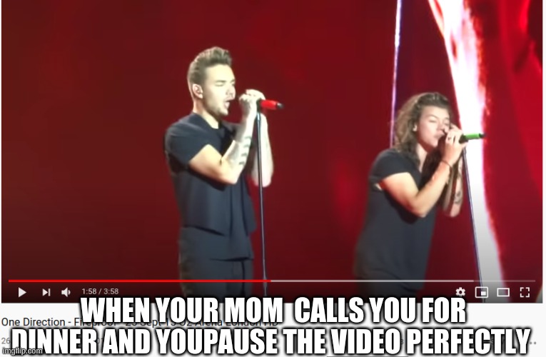 Part one | WHEN YOUR MOM  CALLS YOU FOR DINNER AND YOUPAUSE THE VIDEO PERFECTLY | image tagged in one direction,funny | made w/ Imgflip meme maker