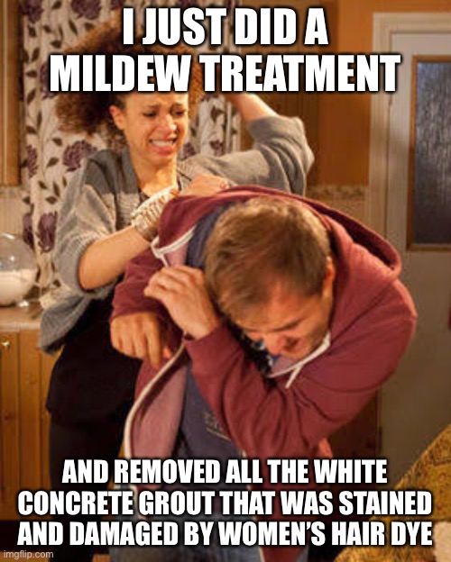 battered husband | I JUST DID A MILDEW TREATMENT AND REMOVED ALL THE WHITE CONCRETE GROUT THAT WAS STAINED AND DAMAGED BY WOMEN’S HAIR DYE | image tagged in battered husband | made w/ Imgflip meme maker