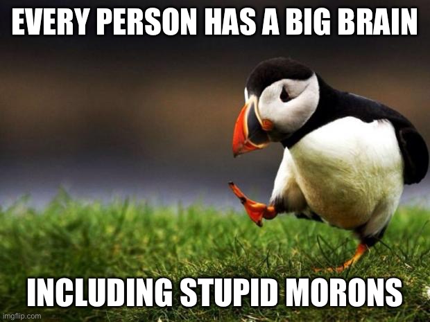Unpopular Opinion Puffin Meme | EVERY PERSON HAS A BIG BRAIN INCLUDING STUPID MORONS | image tagged in memes,unpopular opinion puffin | made w/ Imgflip meme maker