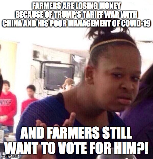 Republicans will never make sense! | FARMERS ARE LOSING MONEY BECAUSE OF TRUMP'S TARIFF WAR WITH CHINA AND HIS POOR MANAGEMENT OF COVID-19; AND FARMERS STILL WANT TO VOTE FOR HIM?! | image tagged in memes,farmers,tariffs,china,covid-19,trump | made w/ Imgflip meme maker