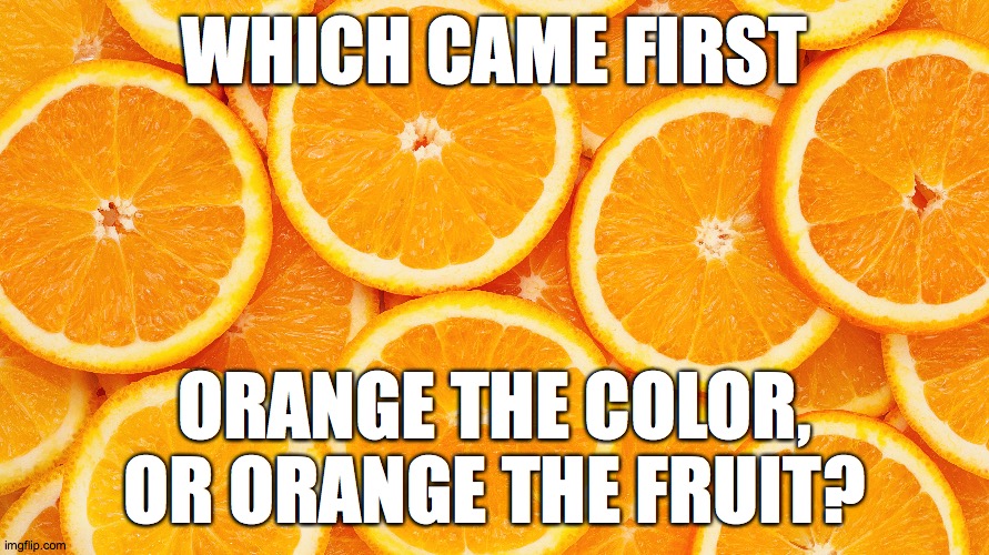 Which one came first? What do you think? | WHICH CAME FIRST; ORANGE THE COLOR, OR ORANGE THE FRUIT? | image tagged in memes,orange,fruit,color | made w/ Imgflip meme maker