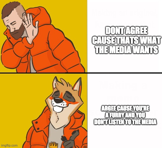 Furry Drake | DONT AGREE CAUSE THATS WHAT THE MEDIA WANTS ARGEE CAUSE YOU'RE A FURRY AND YOU DON'T LISTEN TO THE MEDIA | image tagged in furry drake | made w/ Imgflip meme maker