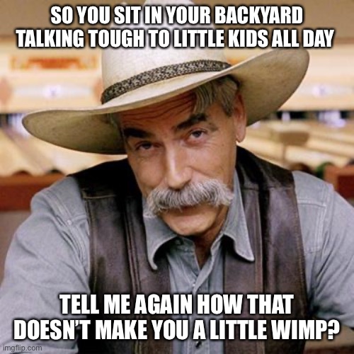 SARCASM COWBOY | SO YOU SIT IN YOUR BACKYARD TALKING TOUGH TO LITTLE KIDS ALL DAY; TELL ME AGAIN HOW THAT DOESN’T MAKE YOU A LITTLE WIMP? | image tagged in sarcasm cowboy | made w/ Imgflip meme maker