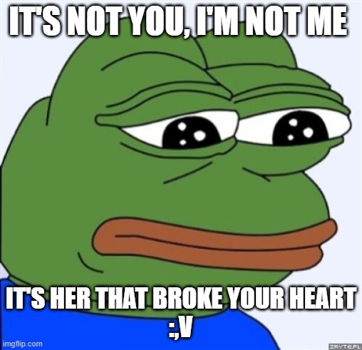 aaaaa so sad | IT'S NOT YOU, I'M NOT ME; IT'S HER THAT BROKE YOUR HEART
:,V | image tagged in sad frog | made w/ Imgflip meme maker