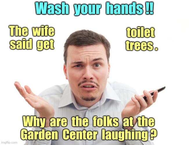 COVID-19 Hygiene | Wash  your  hands !! The wife said get toilet trees. Why are the folks at the Garden Center laughing? | image tagged in sick_covid stream,covid-19,rick75230,covid-19 hygiene | made w/ Imgflip meme maker