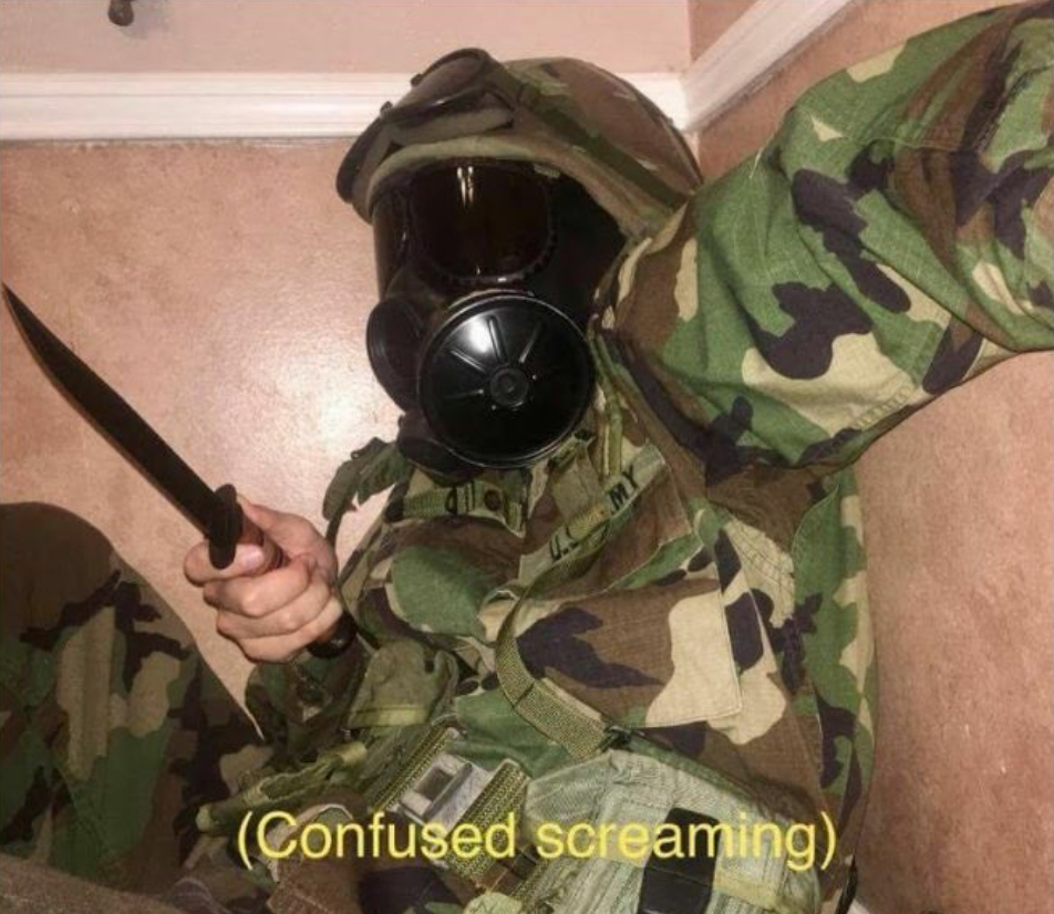 Soldier with mask screaming Blank Meme Template
