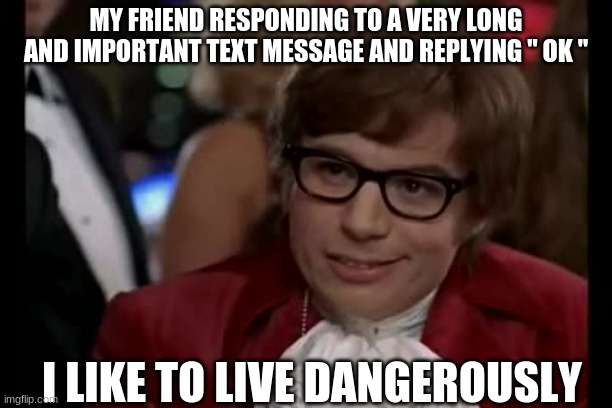 I Too Like To Live Dangerously | MY FRIEND RESPONDING TO A VERY LONG AND IMPORTANT TEXT MESSAGE AND REPLYING " OK "; I LIKE TO LIVE DANGEROUSLY | image tagged in memes,i too like to live dangerously | made w/ Imgflip meme maker