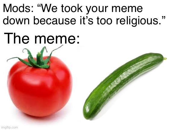 Them.  Mods. | Mods: “We took your meme down because it’s too religious.”; The meme: | image tagged in funny,memes,tomato,cucumber,veggietales,imgflip mods | made w/ Imgflip meme maker