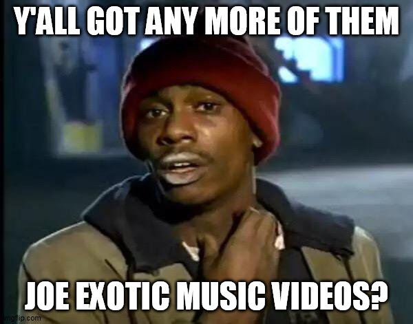Y'all Got Any More Of That | Y'ALL GOT ANY MORE OF THEM; JOE EXOTIC MUSIC VIDEOS? | image tagged in memes,y'all got any more of that,joe exotic,music | made w/ Imgflip meme maker