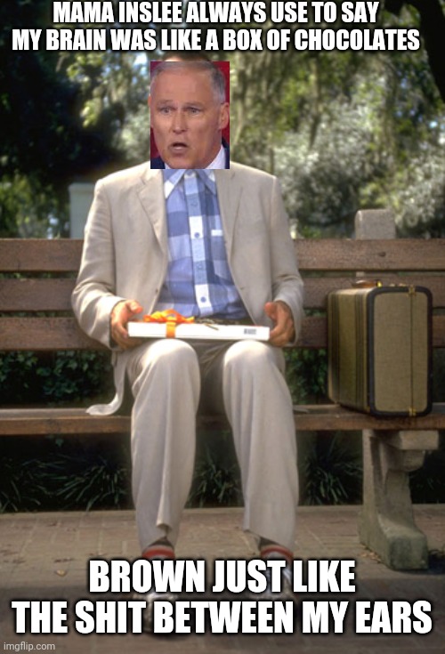 Forest gump | MAMA INSLEE ALWAYS USE TO SAY MY BRAIN WAS LIKE A BOX OF CHOCOLATES BROWN JUST LIKE THE SHIT BETWEEN MY EARS | image tagged in forest gump | made w/ Imgflip meme maker