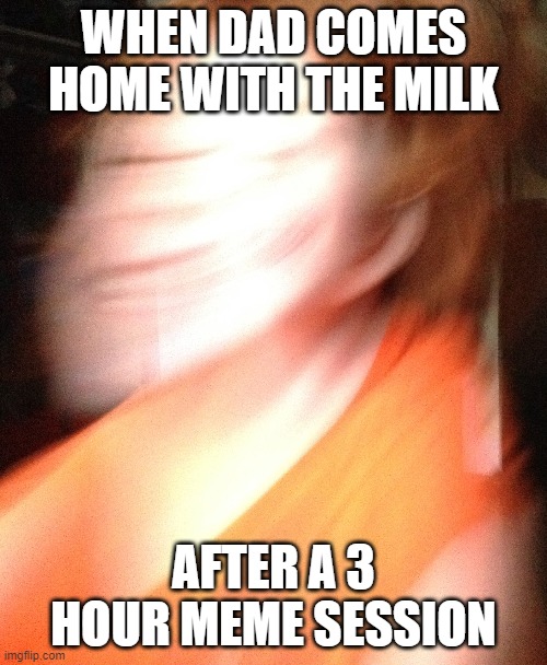 WHEN DAD COMES HOME WITH THE MILK; AFTER A 3 HOUR MEME SESSION | image tagged in blurred,perfection,cursed | made w/ Imgflip meme maker