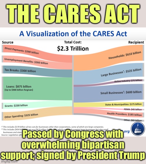 The CARES Act: You may have heard of it. Want more socialism? Elect a Republican. | THE CARES ACT; Passed by Congress with overwhelming bipartisan support; signed by President Trump | image tagged in cares act visualization,socialism,coronavirus,covid-19,big government,conservative hypocrisy | made w/ Imgflip meme maker