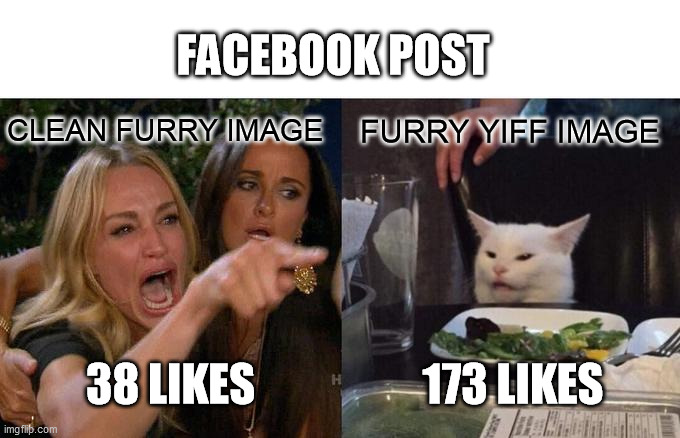 Furry Facebook Post | FACEBOOK POST; CLEAN FURRY IMAGE; FURRY YIFF IMAGE; 38 LIKES; 173 LIKES | image tagged in memes,woman yelling at cat,furry memes,the furry fandom,funny,furry | made w/ Imgflip meme maker