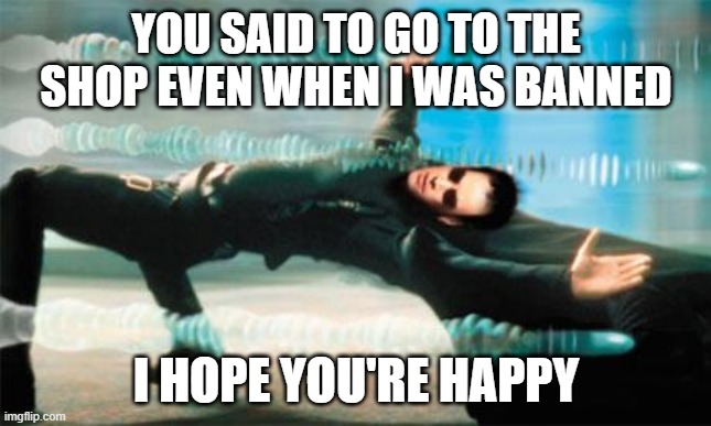 Matrix dodge | YOU SAID TO GO TO THE SHOP EVEN WHEN I WAS BANNED; I HOPE YOU'RE HAPPY | image tagged in matrix dodge | made w/ Imgflip meme maker