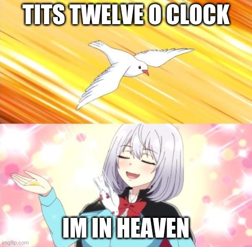 birds | TITS TWELVE O CLOCK; IM IN HEAVEN | image tagged in anime | made w/ Imgflip meme maker